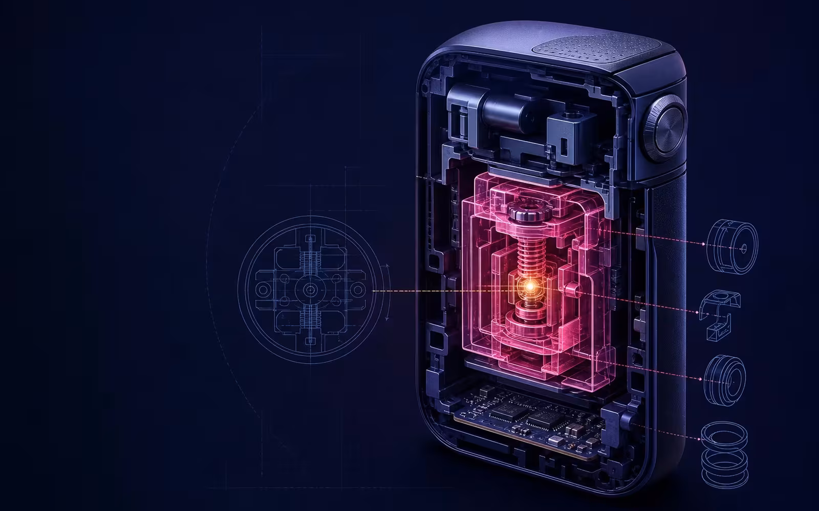 A product cutaway with one internal mechanism highlighted